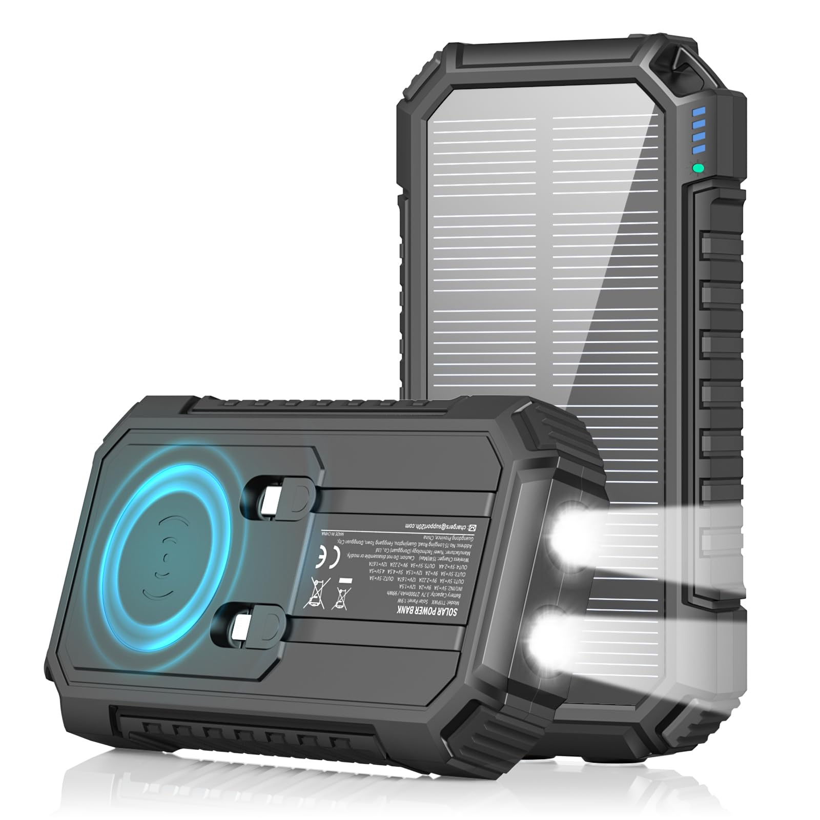 Caricabatterie Solare Power Bank 27000mah, Riapow 22,5W Caricatore Portatile Wireless con 2 Cavi Incorporati & Torce, Uscita USB C PD QC 3.0 Batteria Esterna per Telefono e Tablet (Nero)