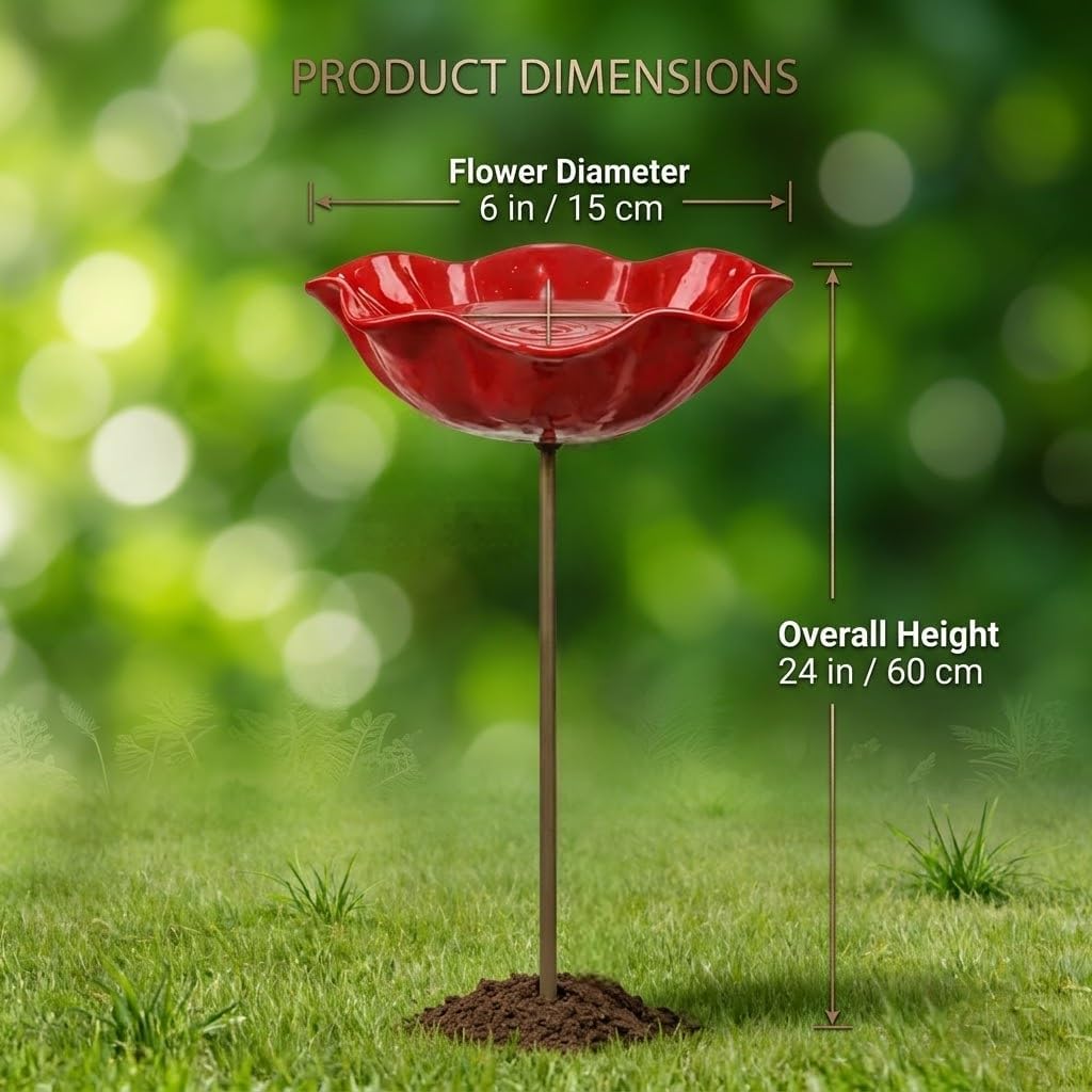 Handmade Metal Flower Garden Stake, Mini Bird Bath and Pollinator Water Station for Bees and Butterflies, Outdoor Yard Decor for Flower Beds, Lawn, Patio (3pc)