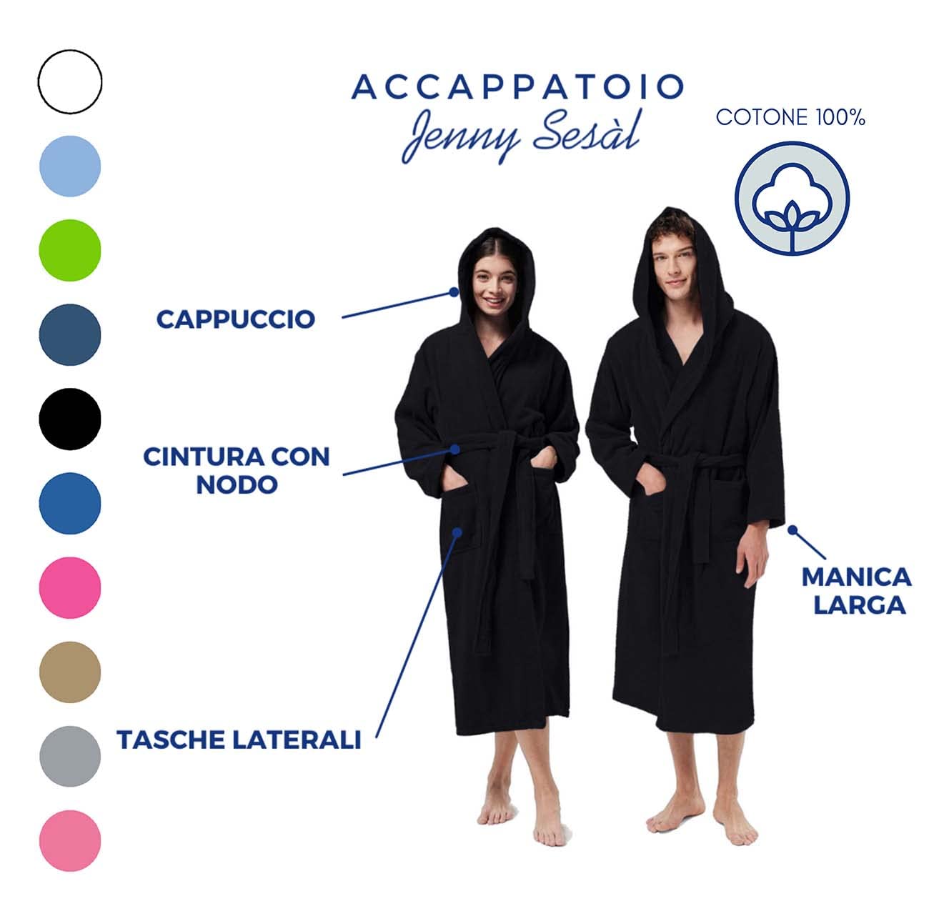 Jenny Sesal Accappatoio UNISEX Spugna, Ideale per CASA, SPA, SAUNA, PALESTRA. Morbido e con alta capacità di asciugatura