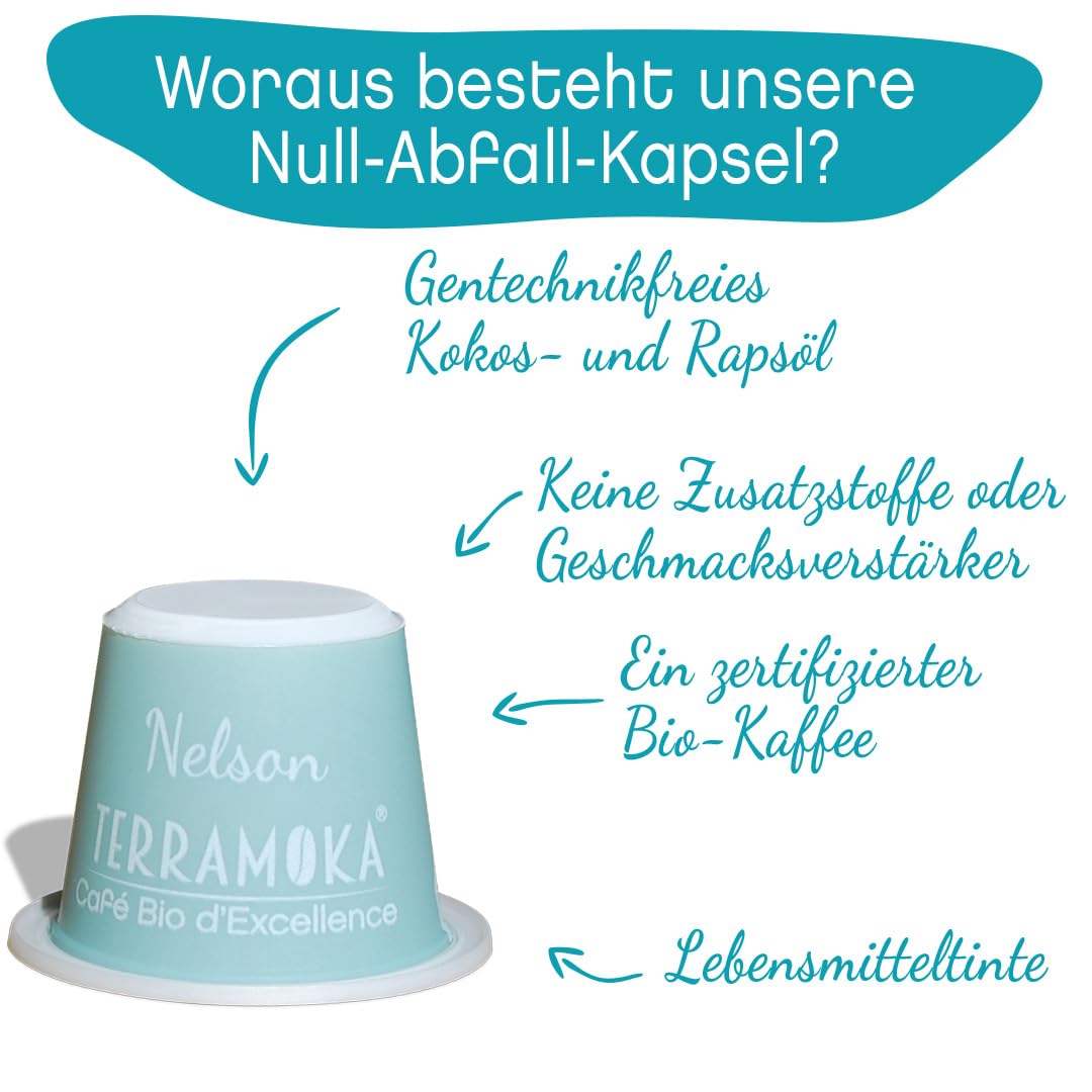 TERRAMOKA - Exzellenter entkoffeinierter Bio-Kaffee - 100% reiner Arabica aus Peru - Original und elegant - 60 Kapseln Kompatibel Zero Waste - Mister Nelson - Frankreich