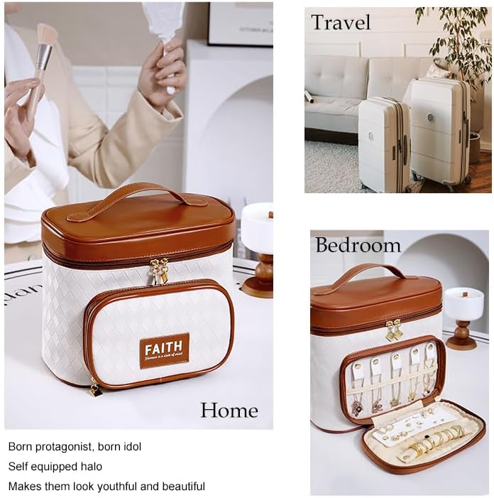 Miniatura 7 de Bolsa de maquillaje de viaje de cuero para mujeres y niñas, bolsas de cosméticos grandes, organizador de estuche de maquillaje, bolsa de aseo