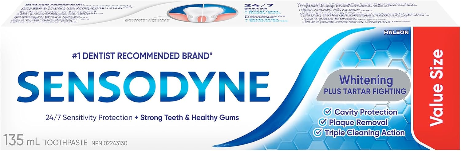 Sensodyne Whitening & Tartar toothpaste, Strengthens Protects and Whitens Sensitive Teeth, 135 mL (Packaging May Vary)