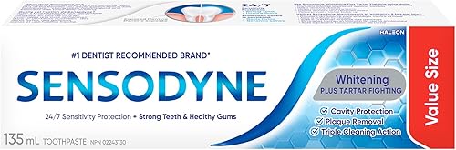 Sensodyne Whitening & Tartar toothpaste, Strengthens Protects and Whitens Sensitive Teeth, 135 mL (Packaging May Vary)