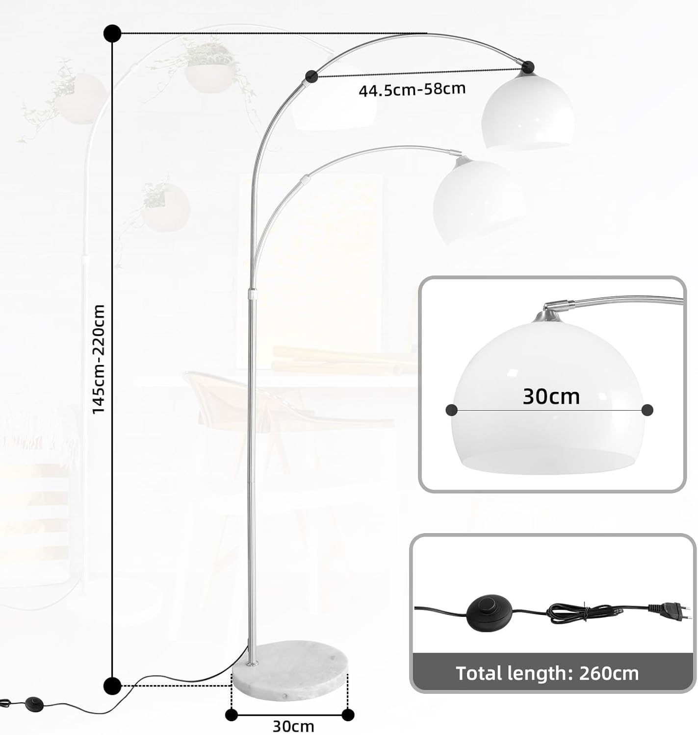 Diagram showing lamp dimensions and components