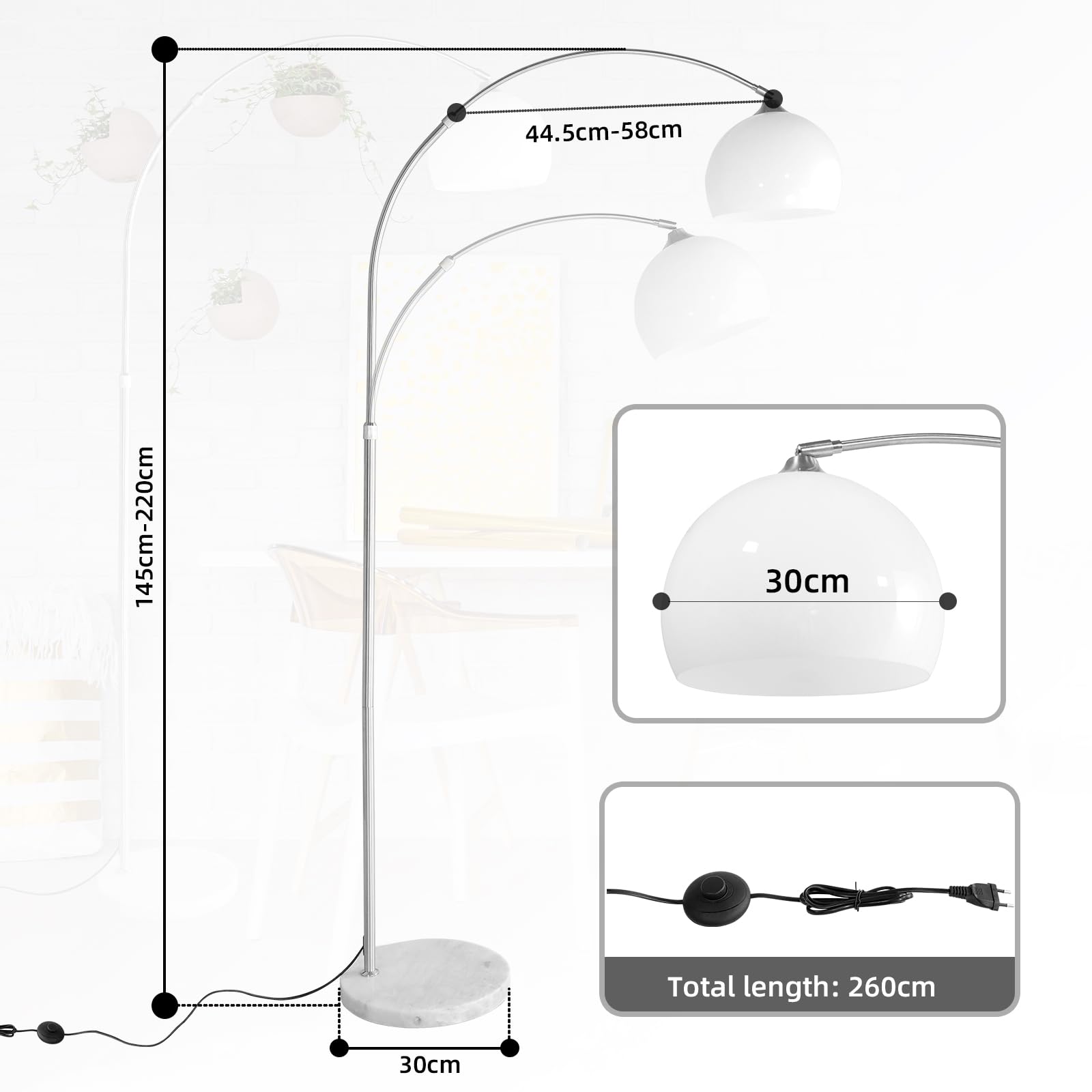 CCLIFE LED E27 Bogenlampe höhenverstellbar Marmorfuß weiß orange Stehlampe Stehleuchte Standleuchte Bogenleuchte Bogenstandleuchte, Farbe:Weiss, höhenverstellbar 145-220 cm