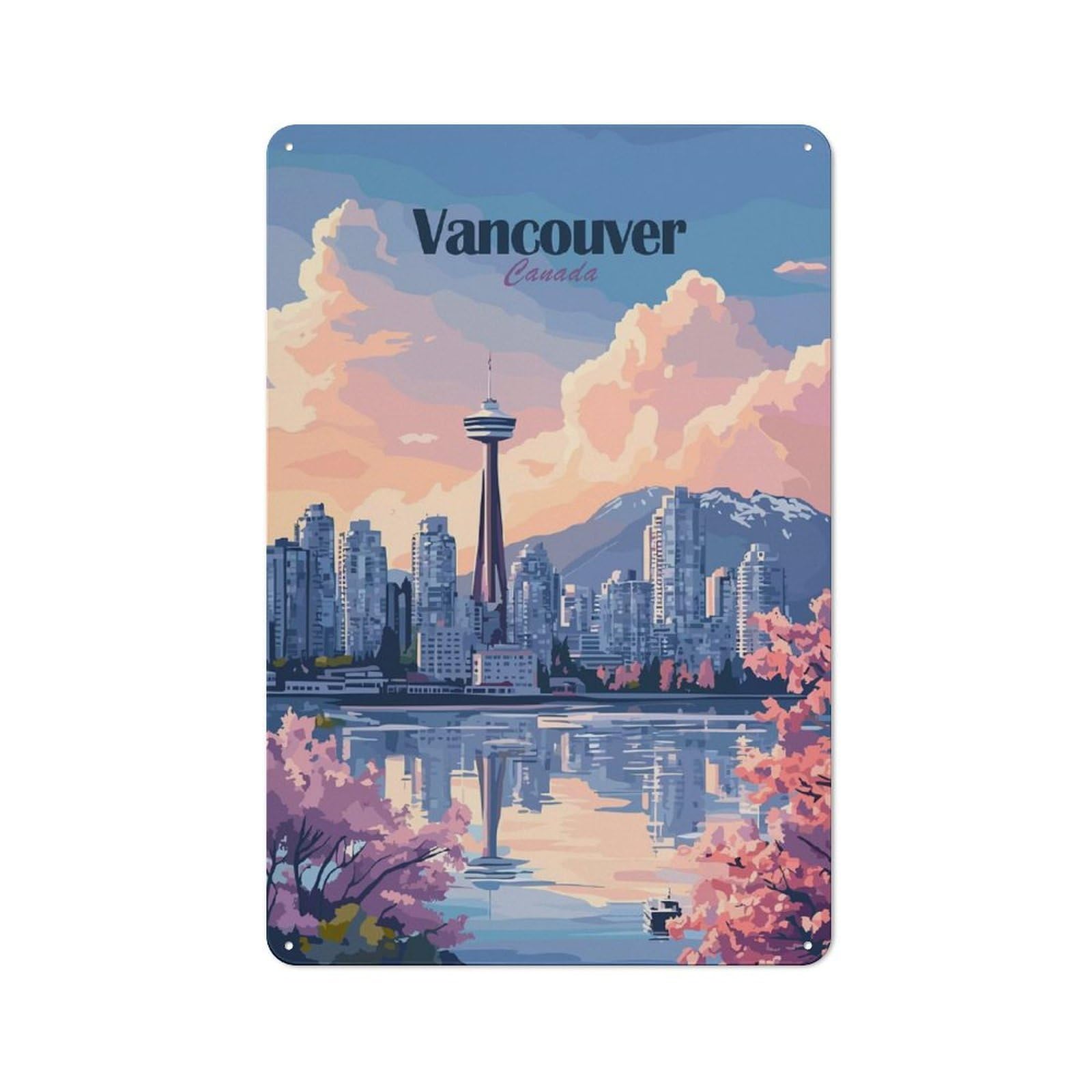 Country Metal Sign with Vancouver Canada Cityscape Illustration Design 30x20cm, Barn Style Rustic Kitchen Decor for Farmhouse Kitchen, Pantry Or Dining Area