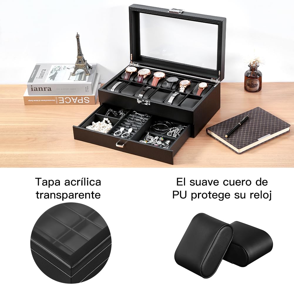 Caja de reloj de piel con 12 compartimentos, con cajón, caja de relojes de lujo, organizador de presentación, caja de relojes, anillos, pulseras (fibra de carbono W79T)
