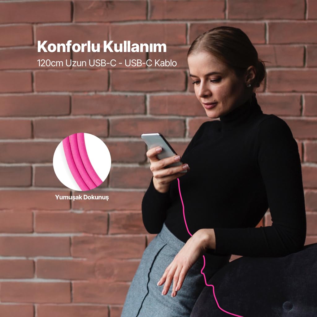 ttec USB-C - USB-C 120cm 60W PD/QC Hızlı Şarj/Data Kablosu Neon 2DK59N (Neon Pembe)