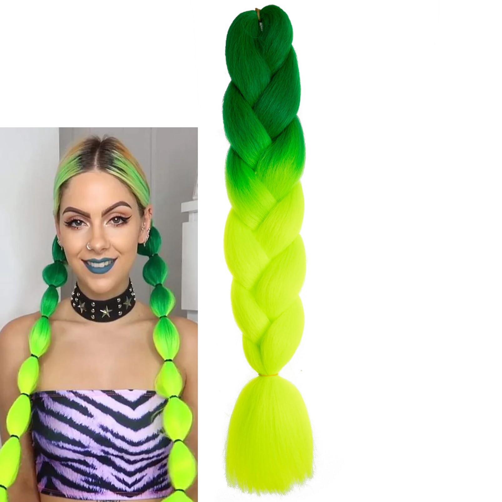 Braiding Hair Extensions Braiding Hair Fashion Synthetic Braid Hair Extensions for Women Braiding Coloured Hair for Braiding DIY Wigs Cosplay (Dark Green to Yellow Green)