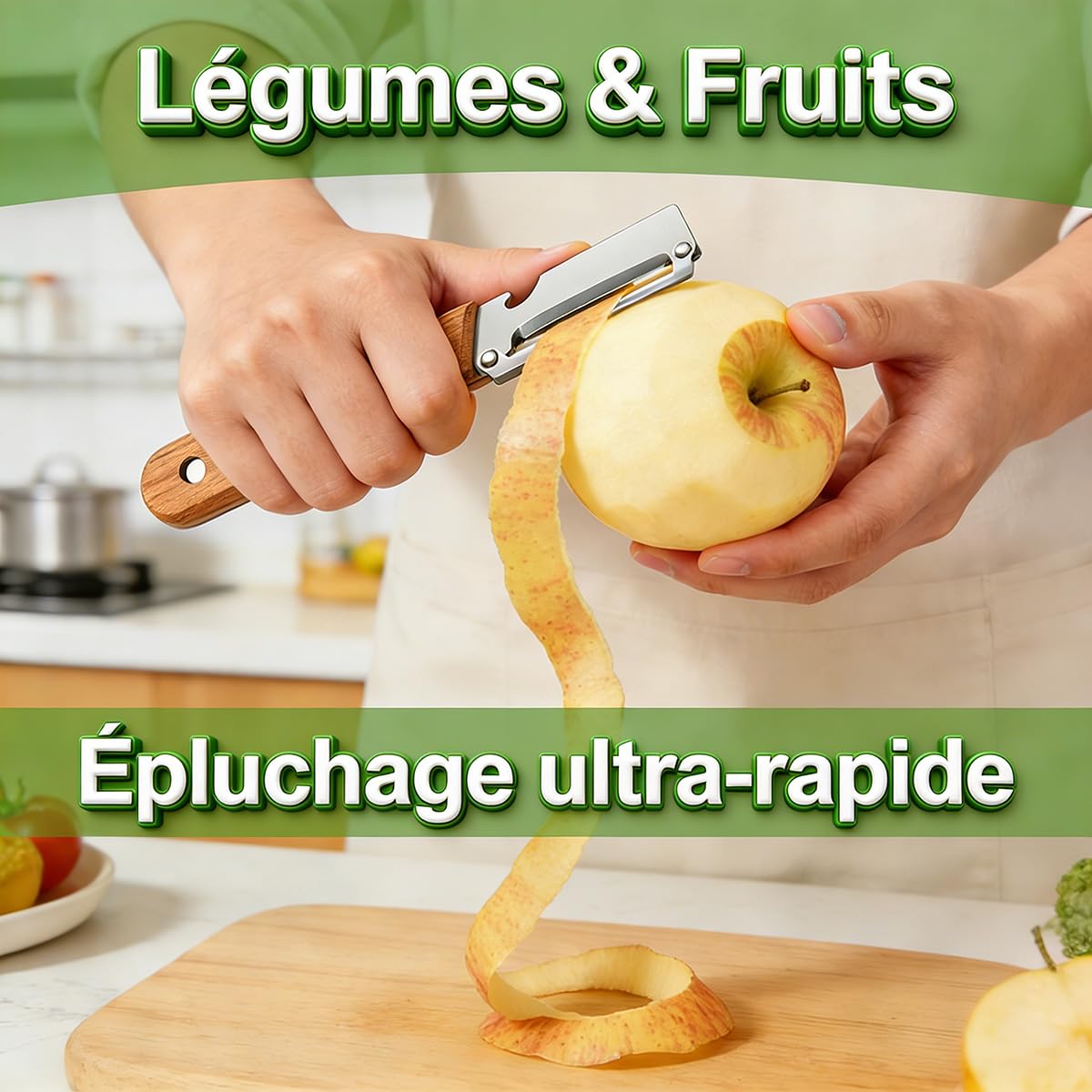 Eplucheur Légumes Multifonction 5-en-1 en Acier Inoxydable - Éplucheur Multifonction avec Lame Tranchante, Manche en Bois Ergonomique, Décapsuleur, Écailleur à Poisson et Coupe-Oignon (2) - 4