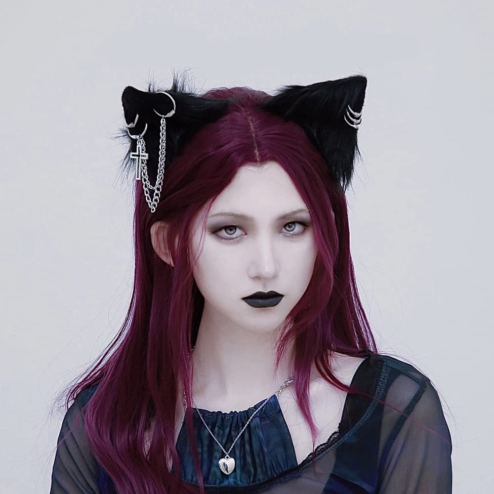 VIGVAN Cat Cosplay Ears Accessories Punk Gothic Cross Cat Ears Headbands Clips: Black