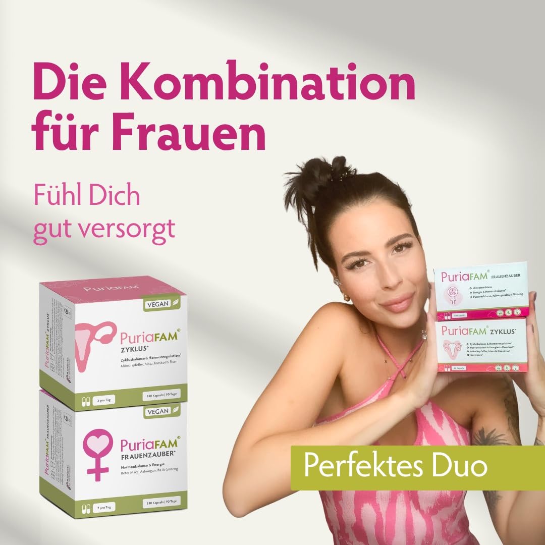 PuriaFAM® Frauenzauber, rotes Maca, 180 Kapseln, Ashwagandha, vegan - Hergestellt in DE - Hormon Balance Frauen
