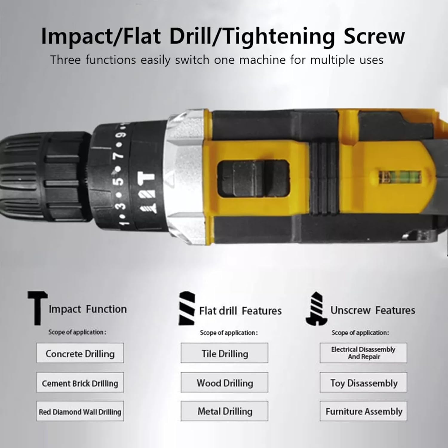 ikaufen Cordless Drill Driver, 21V Electric Drill Screwdriver Kit with 25+1 Torque, 2 Speed with 2 Batteries 1.5Ah, LED Light Cordless Combi for Home and Garden DIY Project (Yellow 01)