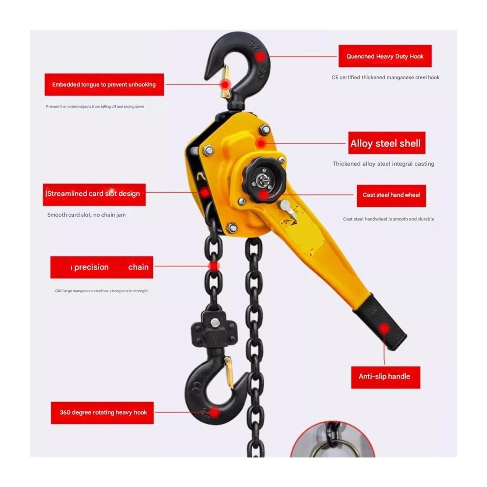 Kettenzug, Manueller Manganstahl-Hakendraht Traktionshebewerkzeughebel Kleine Handkette Traktionshebekran 0,75/1 Tonne für Garagenlager(0.75T 1.5m chain)