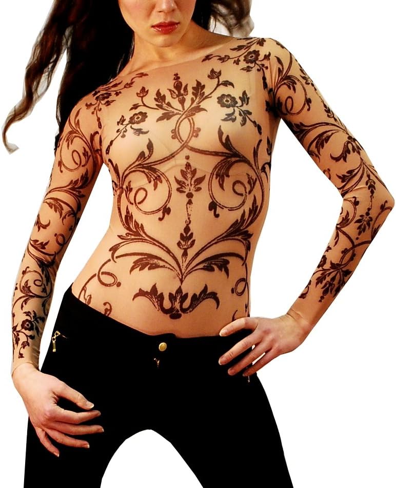 Wild Rose Ladies Filigree Tattoo Mesh Shirt Lace Blackwork, Tan