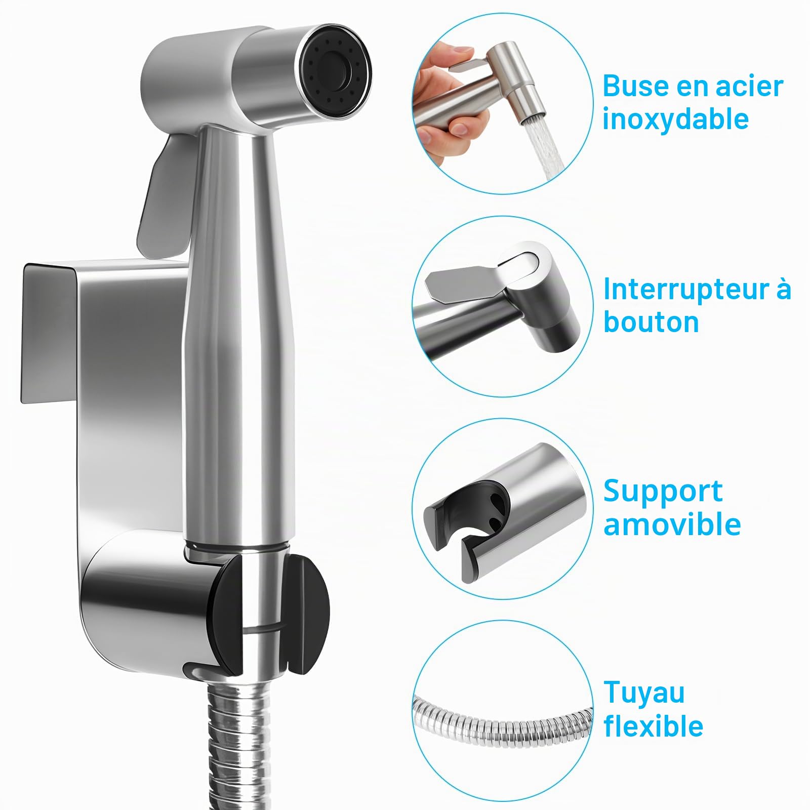 Kit de Douchette de Bidet en Acier Inoxydable, Kit Douchette WC avec Vanne 3 Voies (1/2"-3/8"), Pulvérisateur de Bidet à Main pour Hygiène Personnelle Animauxet Nettoyage Des Couches