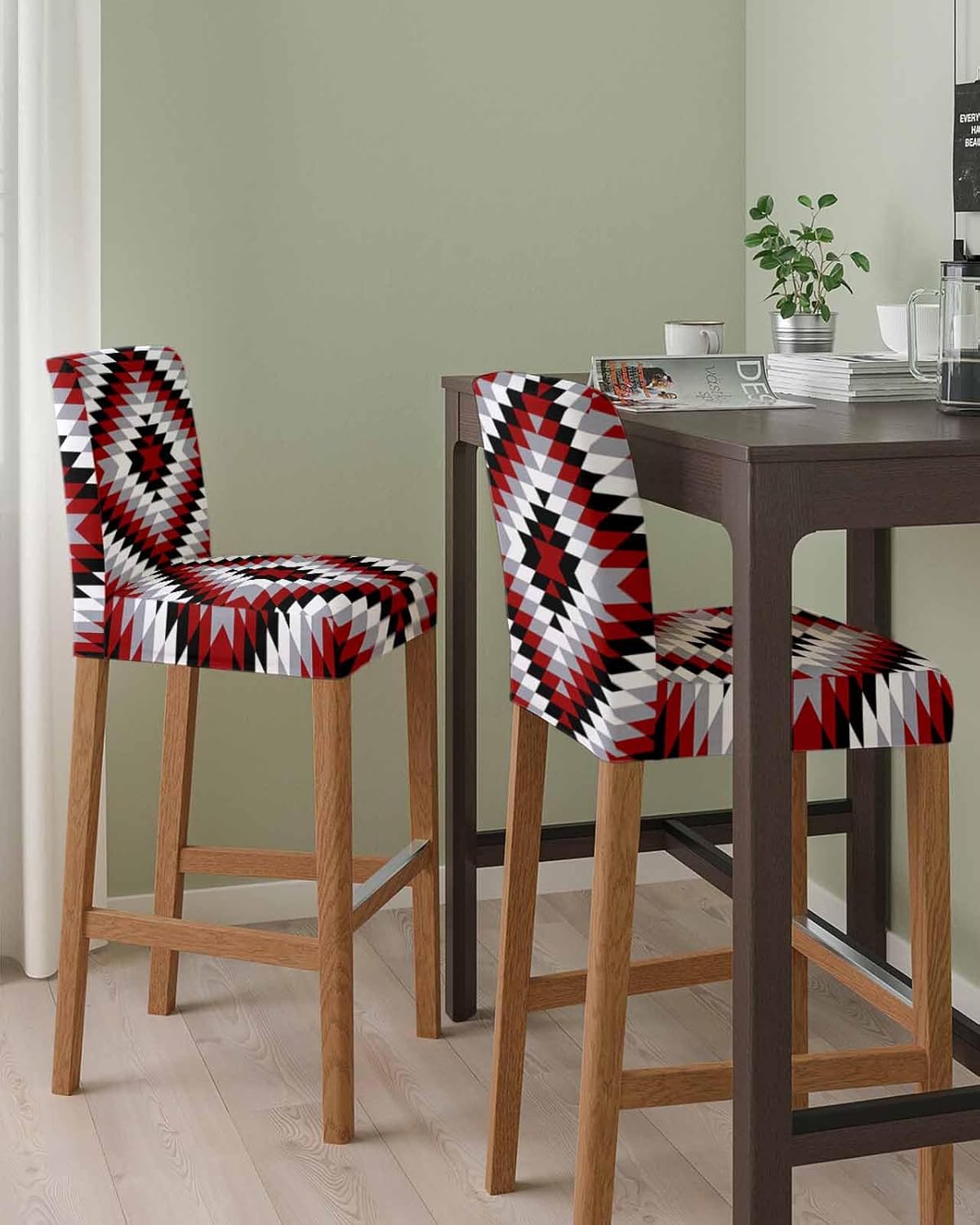 Bar Chair Stool Covers Set of 6, Boho Red Rustic Geometric Stretch Washable Removable Bar High Chair Cover, Southwestern Abstract Texture Elastic Bar Chair Protector for Kitchen/Restaurant