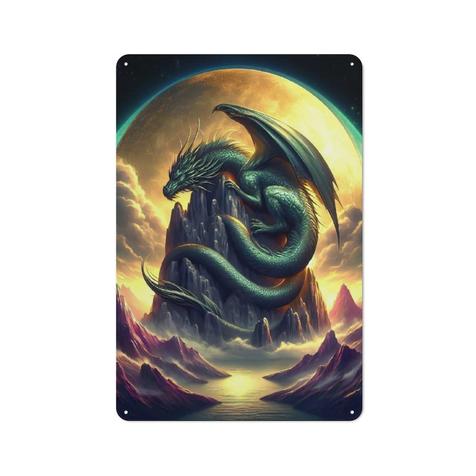 Junmoney Mystical Emerald Dragon Retro Metal Plaque 30X20cm For Guest Room Or Hallway, Housewarming Present For People Styling Guest Room And Hallway