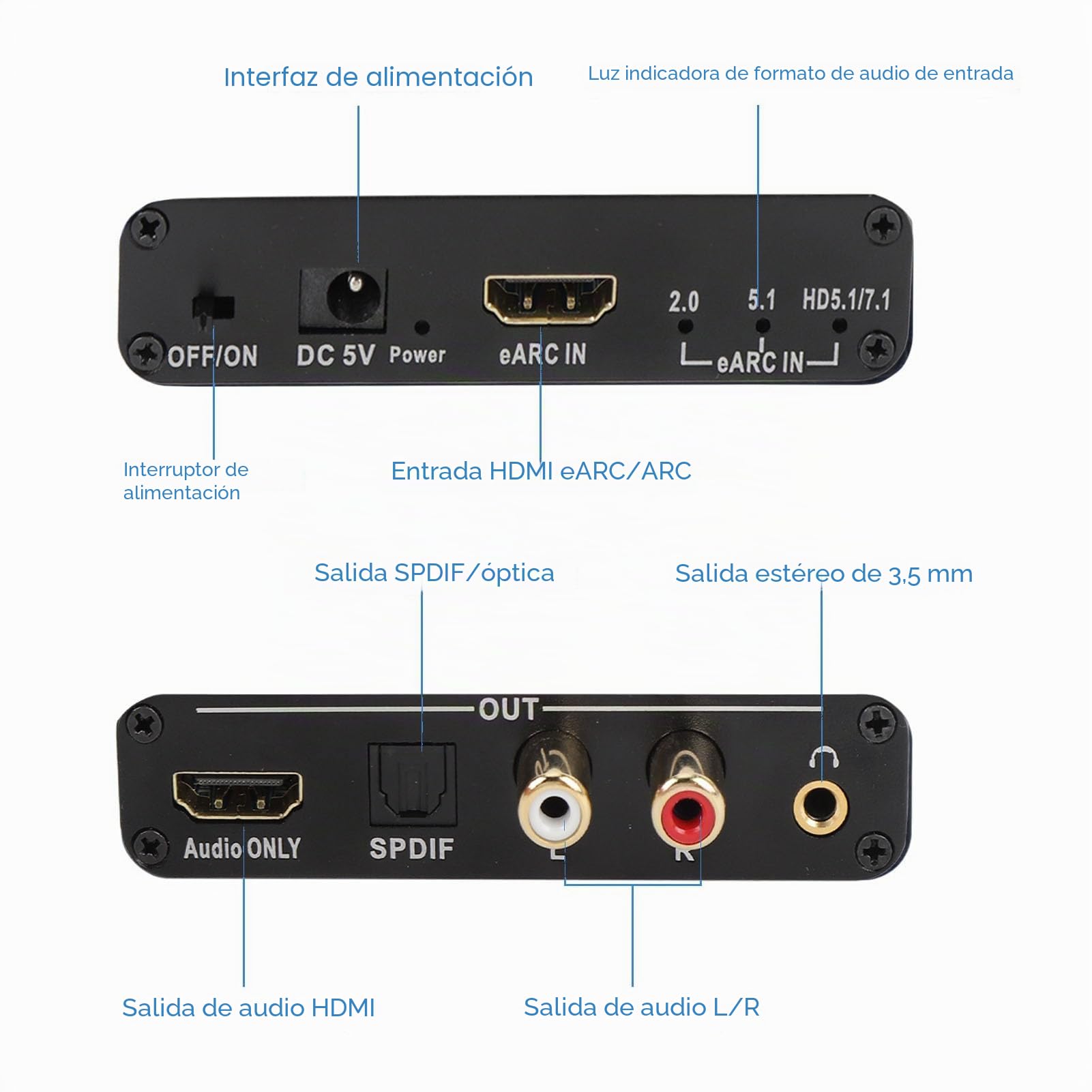 Extractor de Audio EARC, Convertidor de Audio EARC de 192kHz a HDMI Optical/SPDIF L/R 3.5 Mm Extractor de Sonido Aux, HDMI EARC/ARC Al Adaptador de Audio óptico para