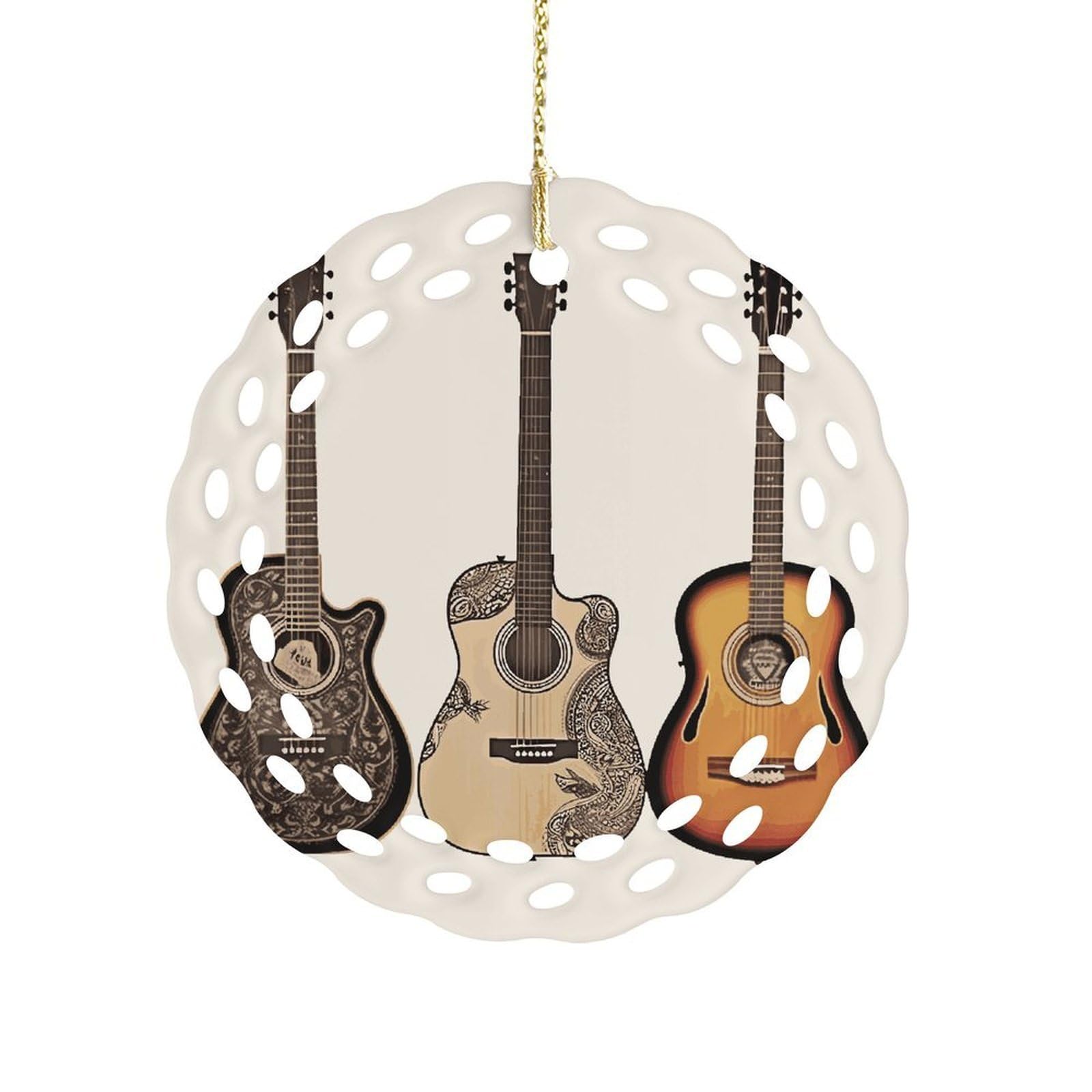 Btcowzrv Style Guitar Ceramic Ornament,Round Ornaments With Hole Easy To Hang,Hanging Ornament For Wedding Party Home Window Garden Christmas Day Decor