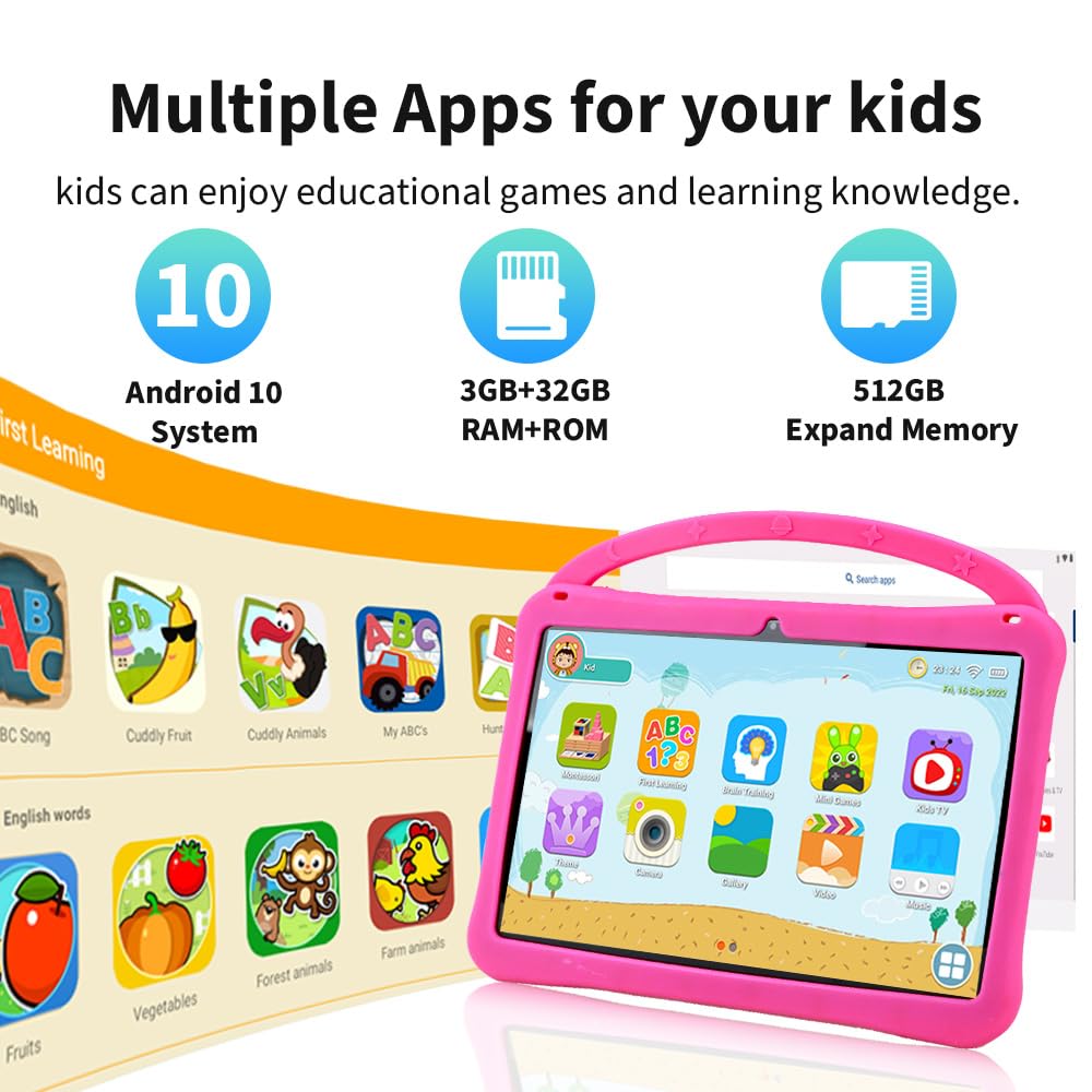 Veidoo Tablet Android da 10 pollici per bambini, 3 GB di RAM+32 GB ROM, tablet con custodia antiurto, WiFi, doppia fotocamera, schermo HD IPS, app per il controllo genitori, stilo incluso, giochi