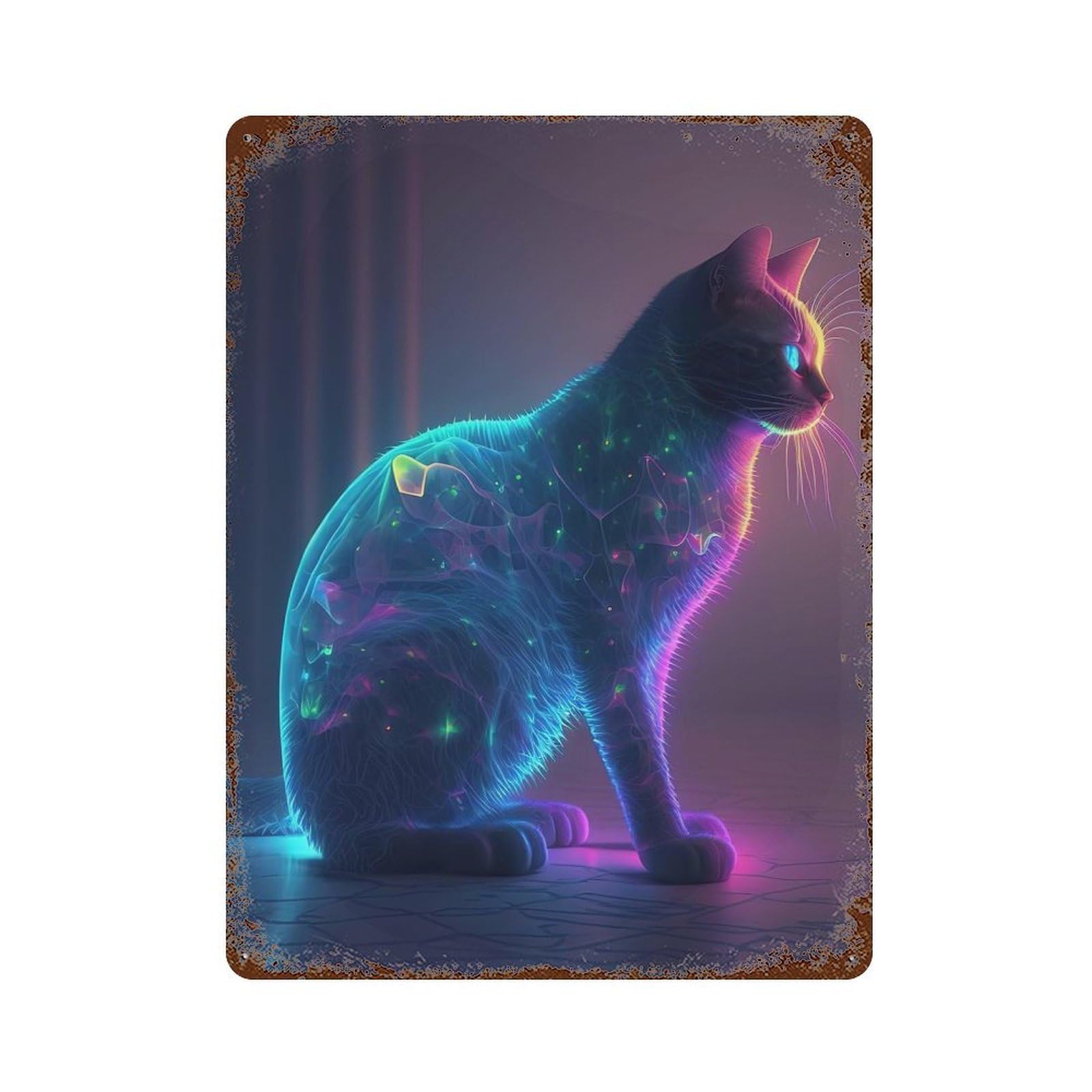 Neon Cat Weathered Tin Sign 15.7"x11.8", Ideal for Shed, Workshop And Garage Wall Decor