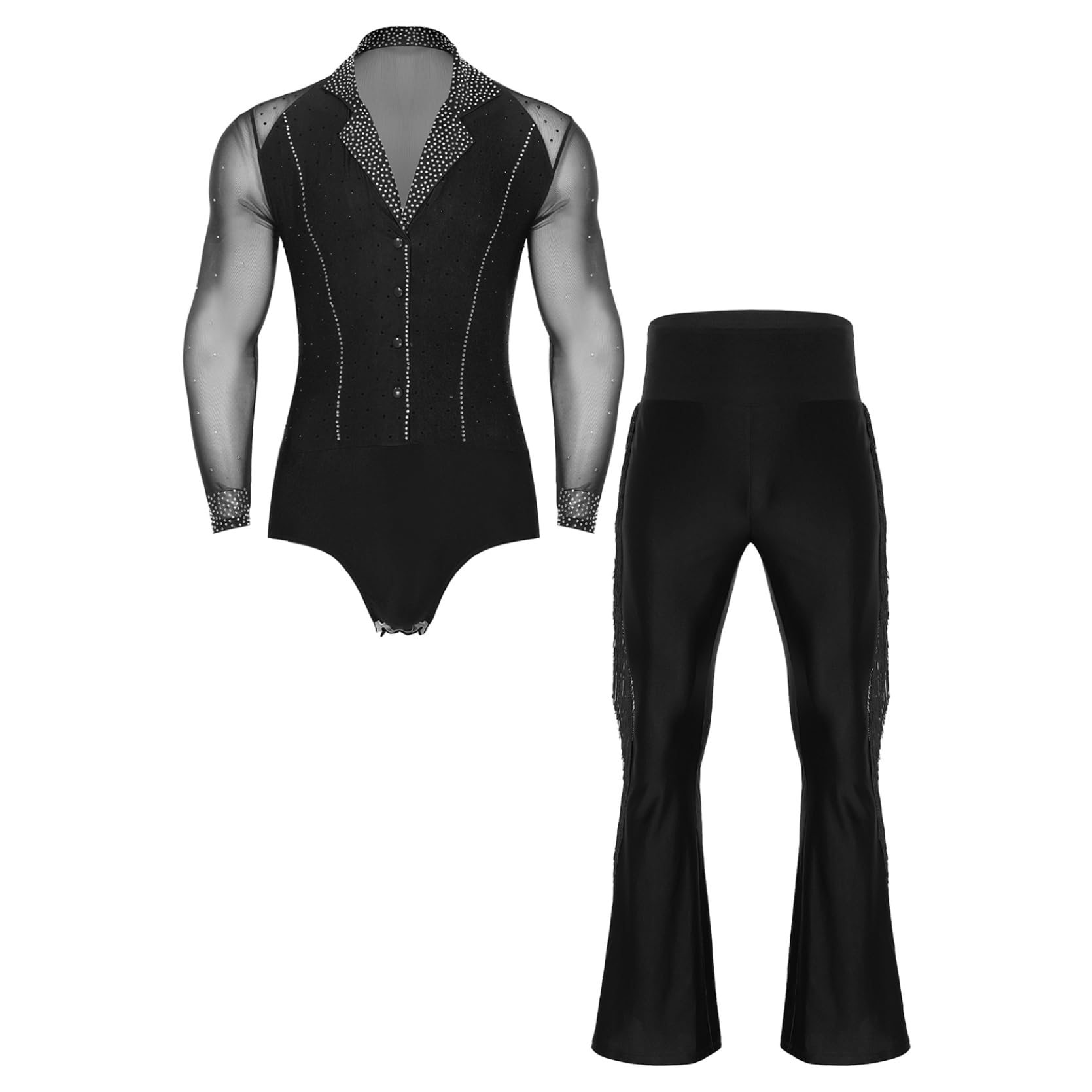inlzdz Herren Tanzbody Tanzhemd Langarm Hemdbody Glitzer mit Schlaghose Tanzhose Männer Latein Tango Standard Dance Outfit