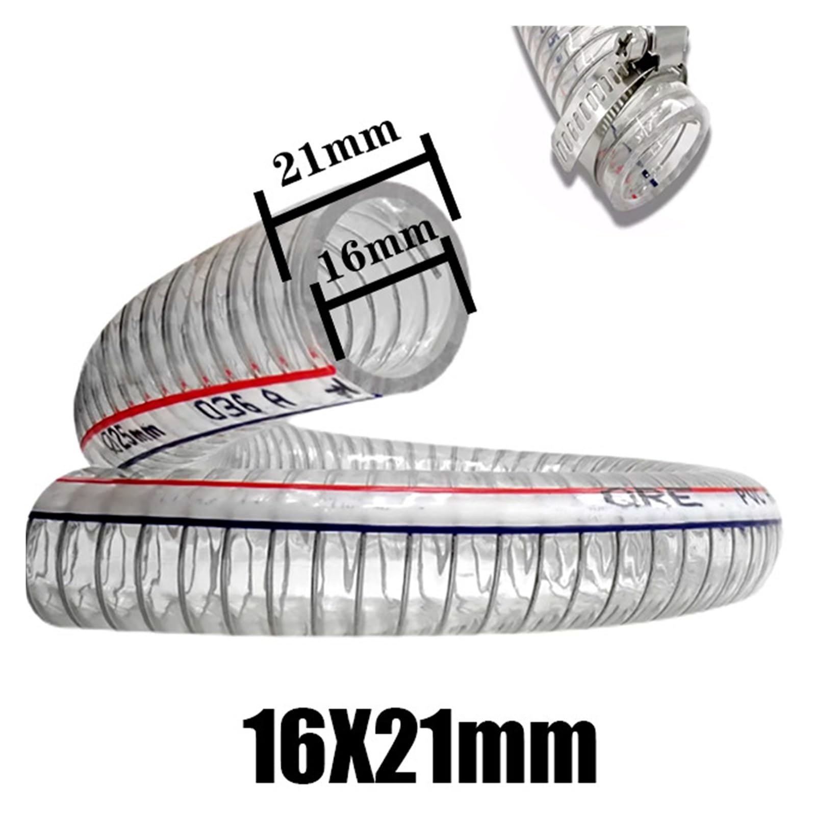 Rurka stalowa z rurką z PVC, 1M 3M 5M 8M 10M PVC Przezroczysty stalowy wąż z grubej rury do pompy wodnej i oleju(Id16mmxod21mm 5M)