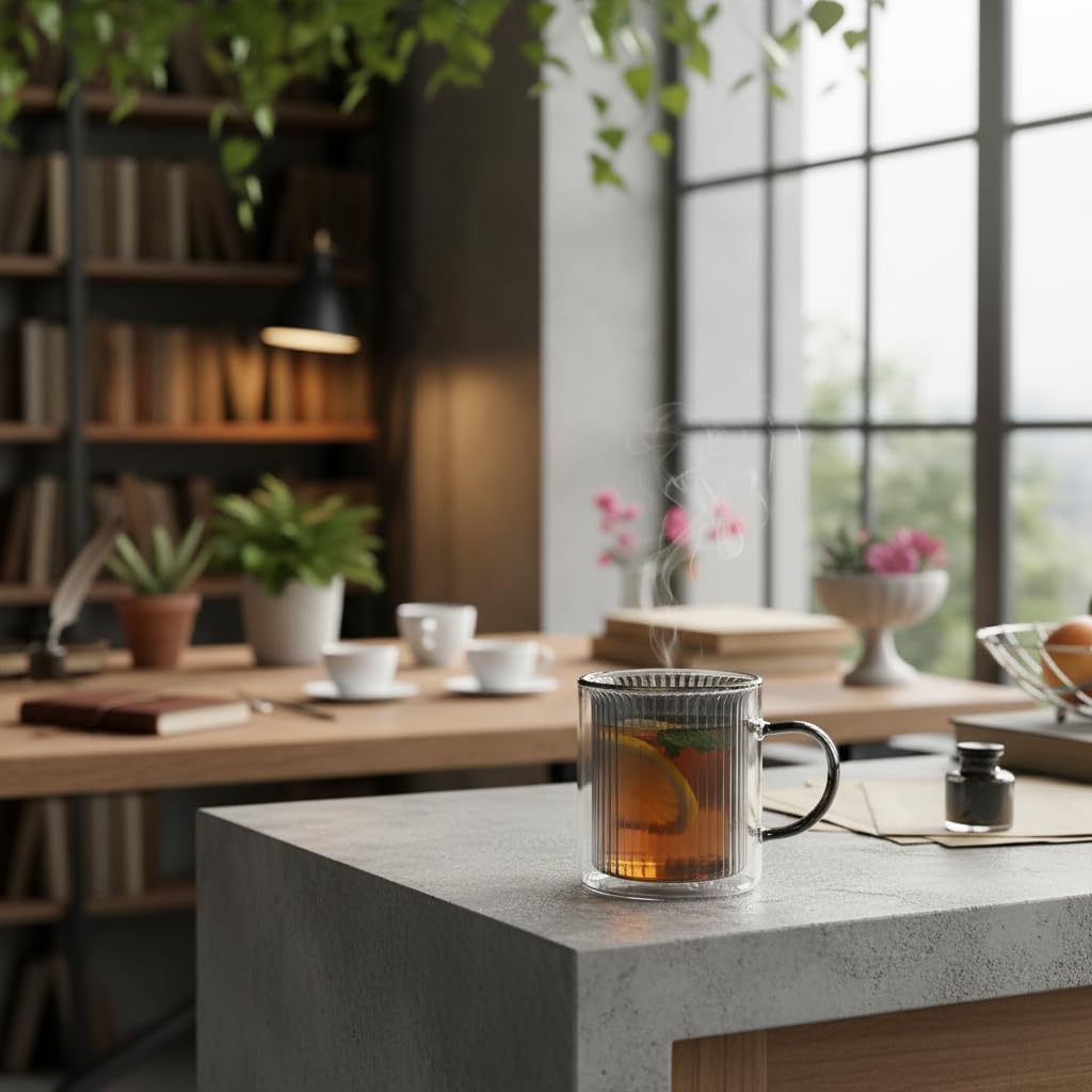 Deconox 250 ml Çift Cidarlı Borosilikat Cam Kupa - Antrasit Detaylı, Dikey Çizgili Isıya Dayanıklı Kahve ve Çay Bardağı
