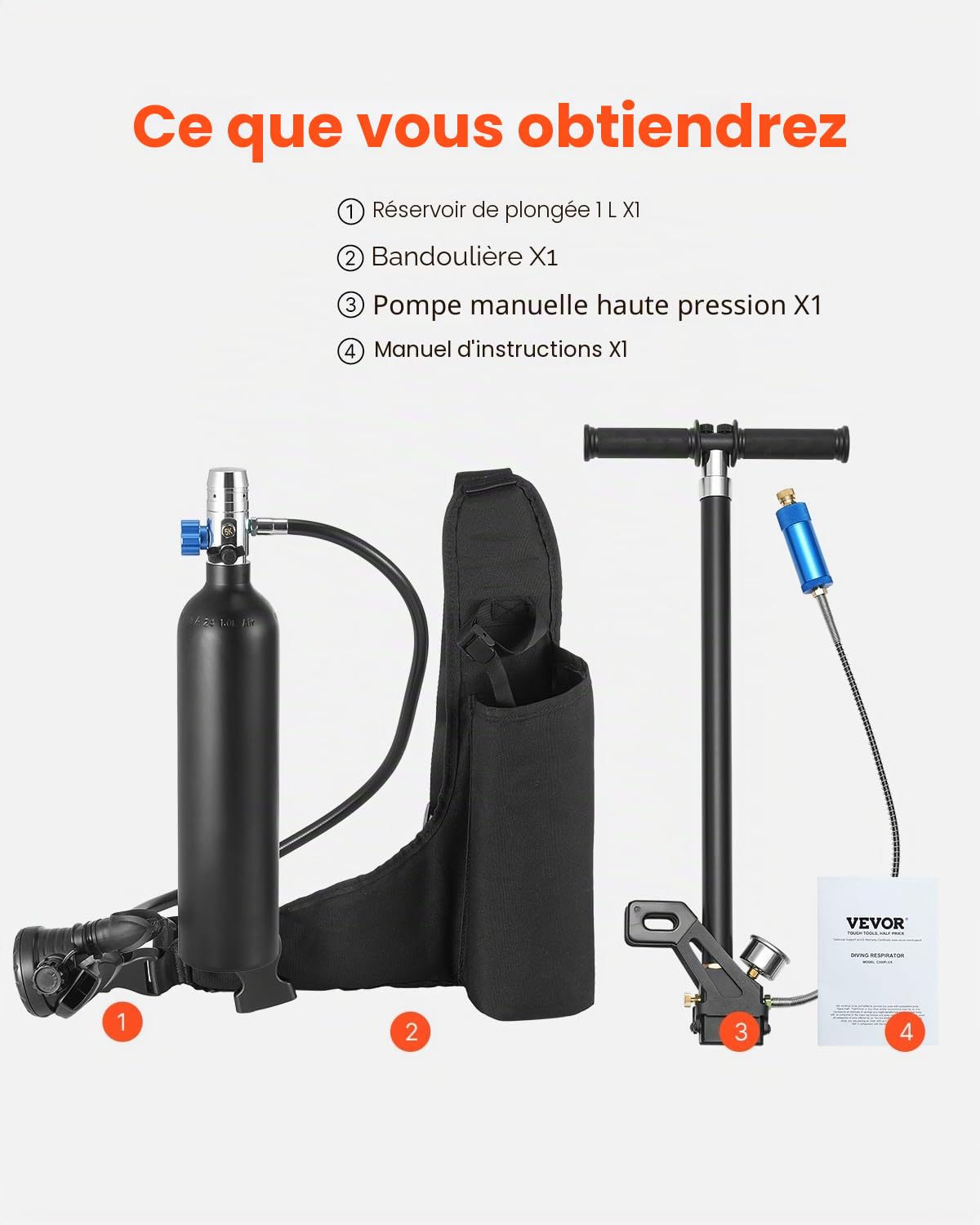 VEVOR Bouteille de plongée Portable de 1 L, Bouteille d'oxygène avec Pompe, pour Respiration 15-20 Minutes, Profondeur de plongée de 30 m, réservoir d'air Rechargeable pour Exploration sous-Marine