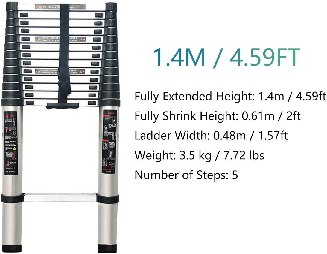 Ladder,Outdoor Ladders，Telescopic Ladder,Telescoping Climb Ladder - Aluminumtelescopic Extension Multi Purpose Ladder with Spring Loaded Locking Mechanism, Non-Slip, Supports 150Kg,1.4M/4.59Ft,