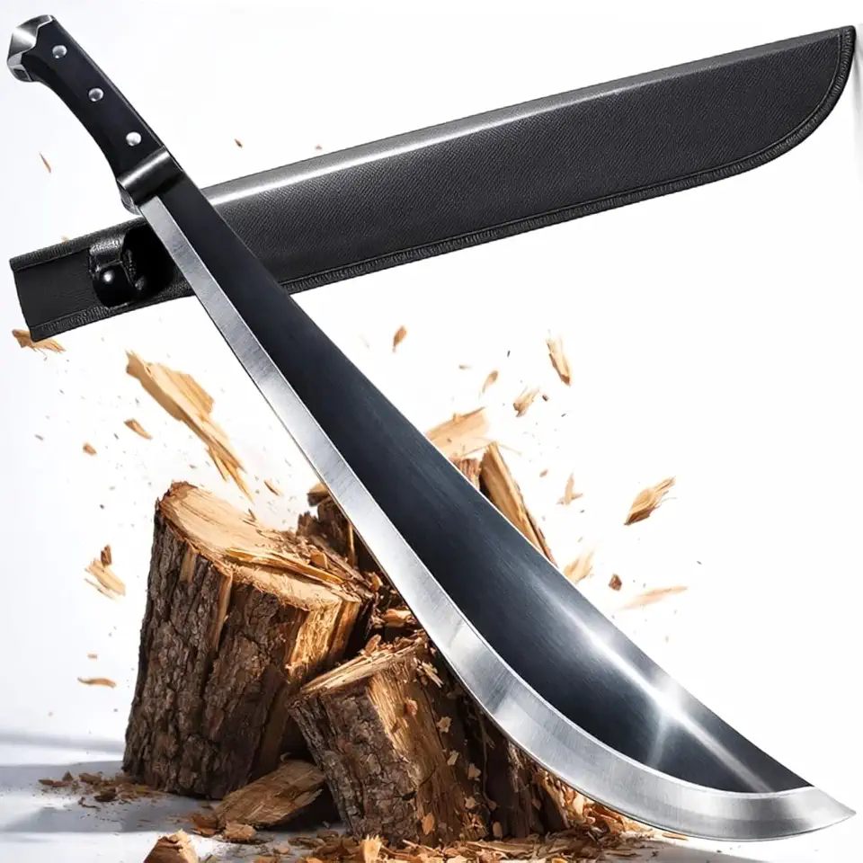 Facão de Mato Machete em Aço Inox Premium com Cabo de Madeira Ergonômico e Bainha – Resistente e Versátil para Camping, Pesca, Trilha, Roça, Caça e Atividades ao Ar Livre (Medeira, Cutelo Facão)