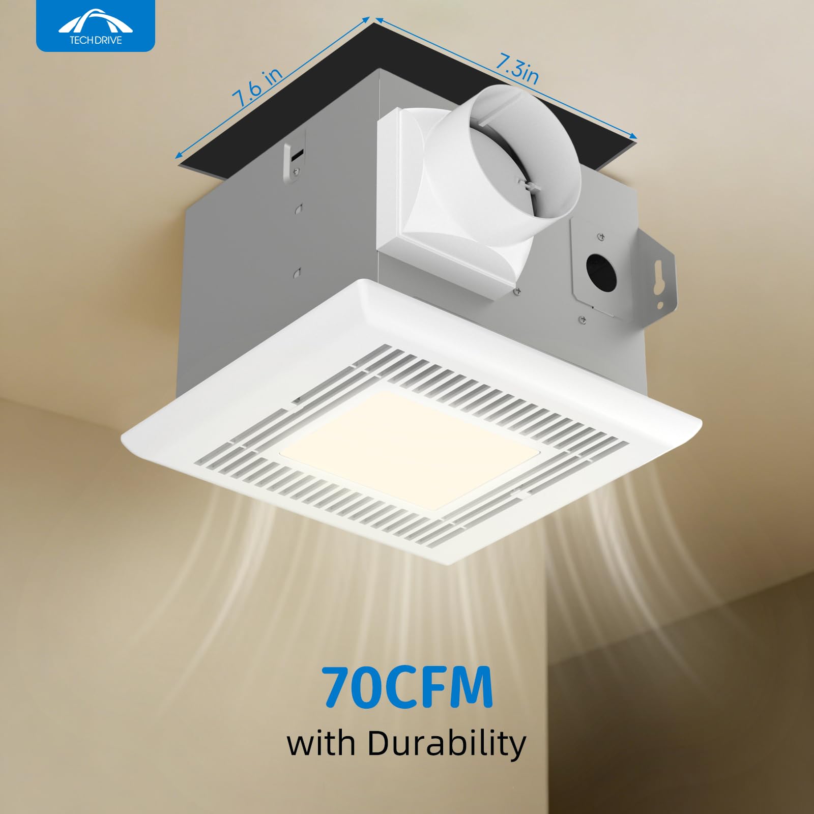 Tech Drive Petit Ventilateur de salle de bain Very-Quiet 70 CFM, 2.0 Sone avec lumière LED 4000 K 600 lm (70 CFM), montage au plafond, facile à installer