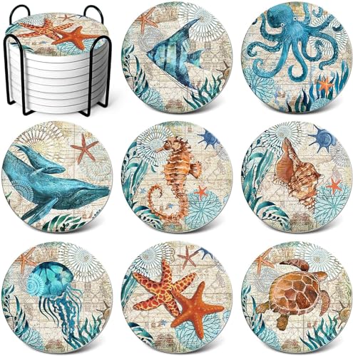 Absorbent Coasters Stone Coaster Set of 8 Cork Base with Holder Beach Theme Sea Life Coastal Coasters for Housewarming Apartment Kitchen Room Bar Decor (Ocean Life)