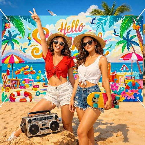 Image of BlissYard Summer Party Decorations 71 x 43 Inch Hello Summer Beach Party Backdrop Banner Surf Van Aloha Luau Party Decorations Pool Party Photo Booth Background Indoor Outdoor Wall Decor