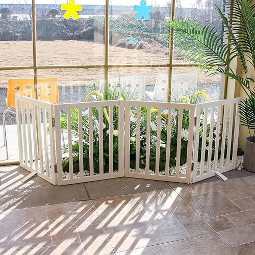 Image of Belief Foldable Wooden Pet Gate for Dogs & Cats - Indoor Safety Barrier for Doorways, Hallways & Stairs | Free-Standing, Portable White Dog Fence - 3 Panel, 60 cm Height (【4 Panels 】 78''W x 24''H)