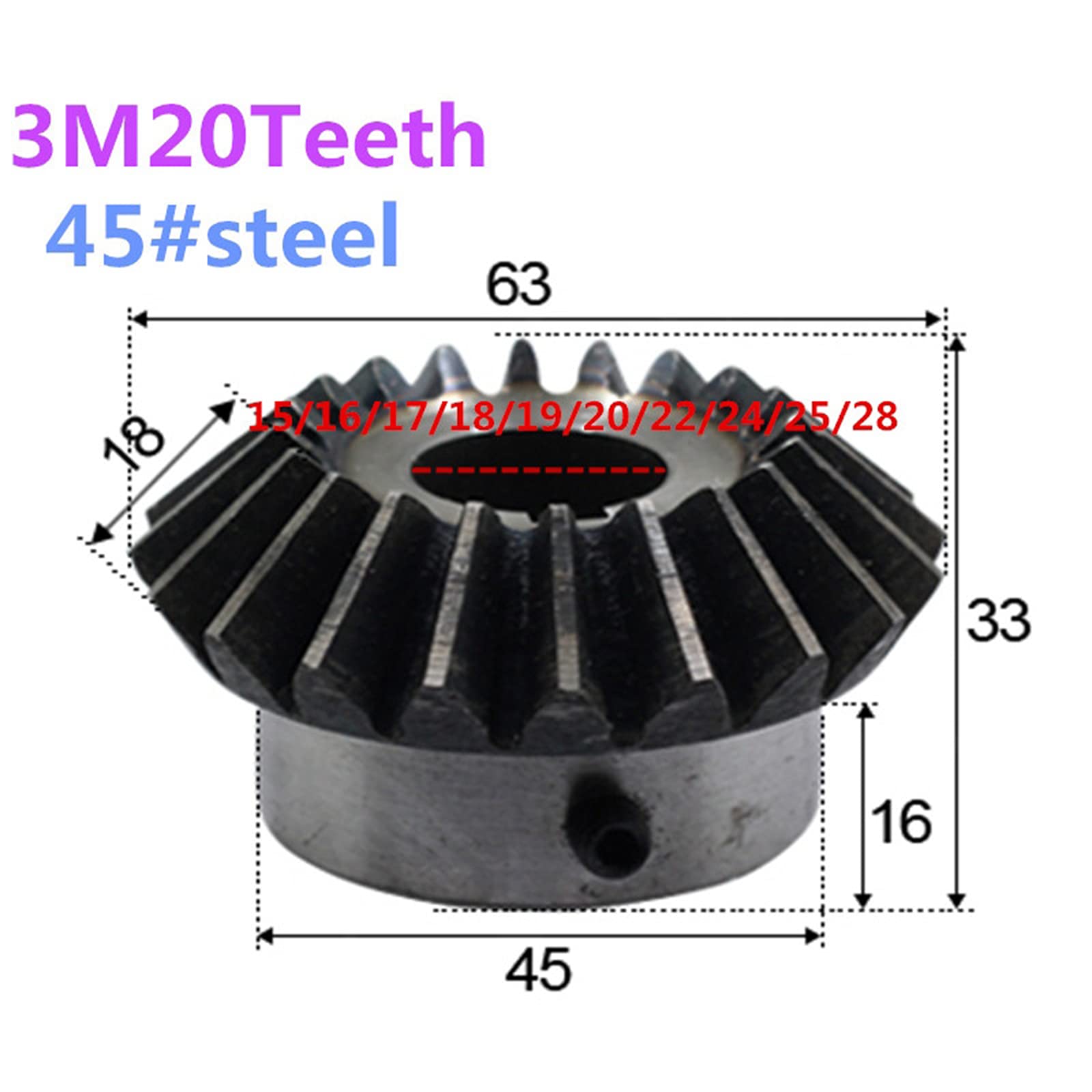 2 Pcs Kegelrad 3 Modulus 20 Zähne Innenlochdurchmesser 15-28mm Zahnrad 90 Grad Eingriffswinkel Stahl Gears Schraubloch M6