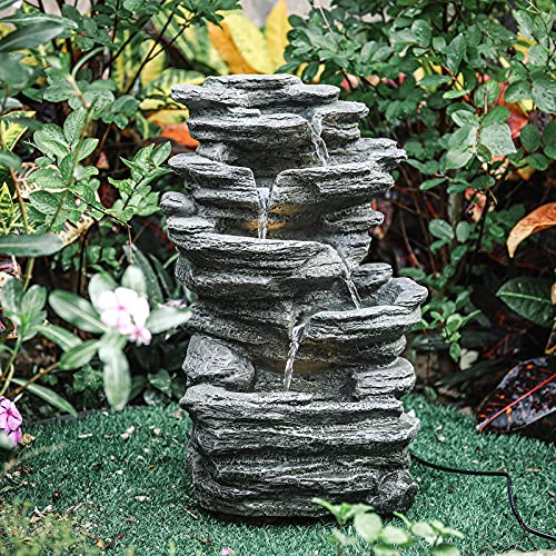 BTGGG Springbrunnen für Außen Kaskaden Steingarten Gartenbrunnen mit Beleuchtung Zimmerbrunnen Wasserfall Brunnen Outdoor Springbrunnen Balkon Garten Wasserspiel für Garten Balkon Deko