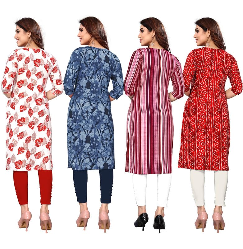 Image of JAKHANA Women's Crepe Printed Casual Straight Calf Length Round Nick Kurta Pack of 4