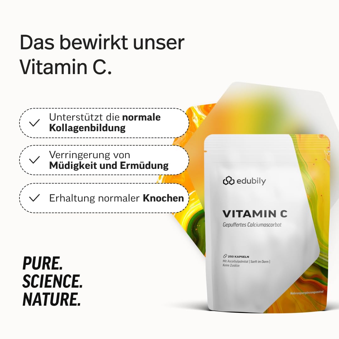 edubily® Vitamin C Kapseln 500 mg - Vitamin C Komplex aus gepuffertem Vit. C als Calciumascorbat und fettlöslichem Vit. C als Ascorbylpalminat (250 Kapseln)
