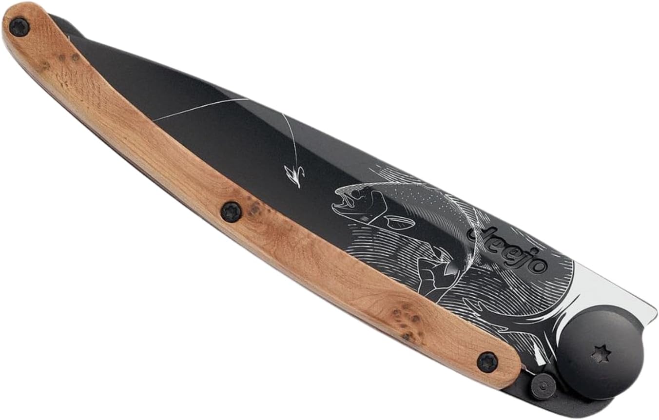 deejo - 37G Folding Pocket Knife with Belt Clip - Trout Design, 3.7-Inch Stainless Steel Blade, Black Titanium Finish, Juniper Wood Handle - Lightweight Everyday Carry for Home, Work, and Outdoor Use