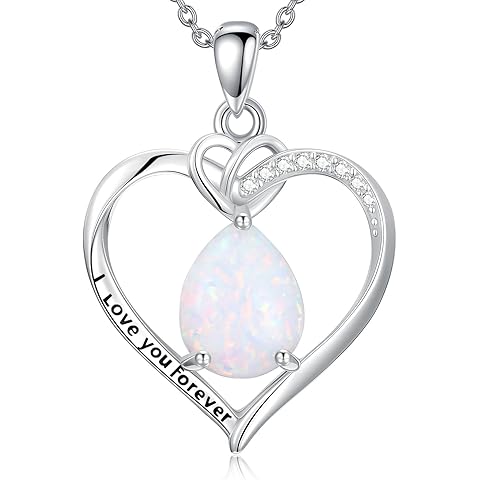 925 Sterling Silver Heart Opal with Genuine Diamond Necklace for Women Dainty Octob...