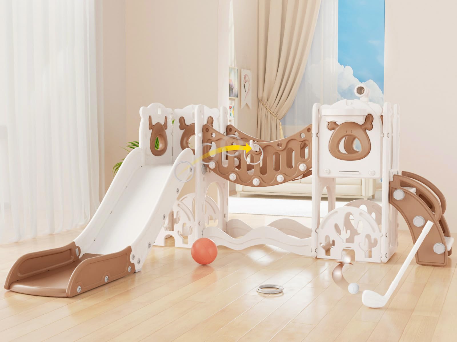 XJD Toddler Slide,11 in 1 Kids Slide for 1-3, Toddler Climbing Toys,New Upgrade with Golf Set, Basketball Hoop for Indoor Outdoor Playset (Brown White)