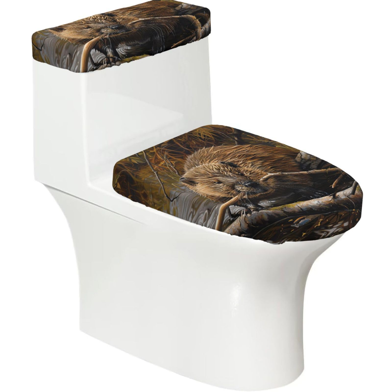 Beaver Working Printed Toilet Tank and Lid Cover Set of 2 for Most Bathrooms, Fits Elongated Round Toilets