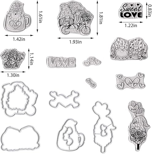 Miniatura 2 de ABTOLS Sellos y troqueles de gnomos de San Valentín para hacer tarjetas sellos transparentes para parejas palabras de amor sellos de flores