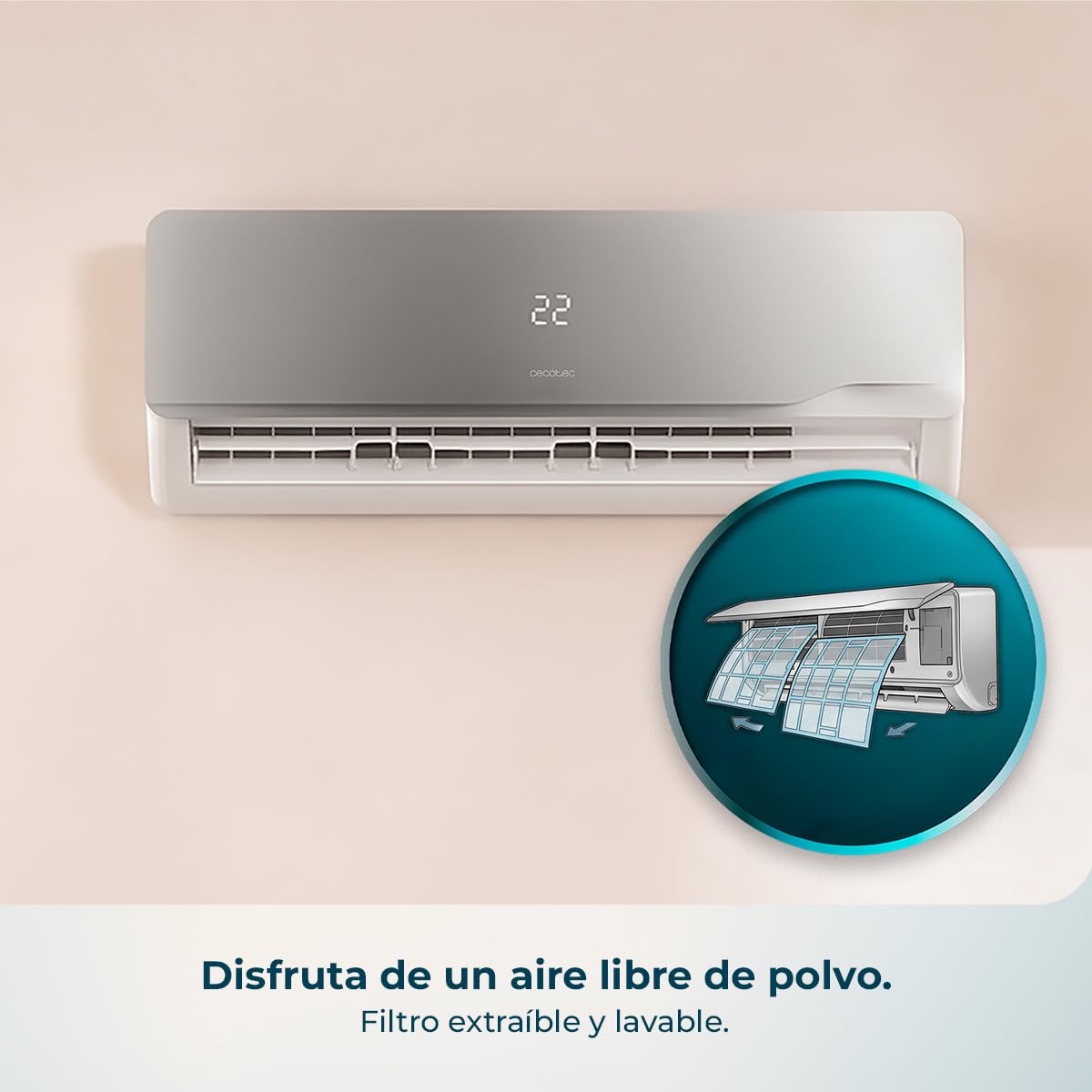 Cecotec Aire Acondicionado Split AirClima 12000 Wind Connected A+++. Inverter, 12000 BTU, Eficiencia A+++, Wi-Fi App, Bomba de Calor, Deshumidificador 26,4 L/día, Temporizador 24h, Pantalla LED