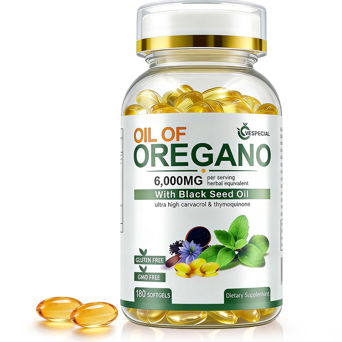 Oil of Oregano with Black Seed Oil, 180 Softgels | 2-in-1 Herbal Oregano Supplement with High Strength Carvacrol & Thymoquinone for Immune Support | Non-GMO, Plant Based