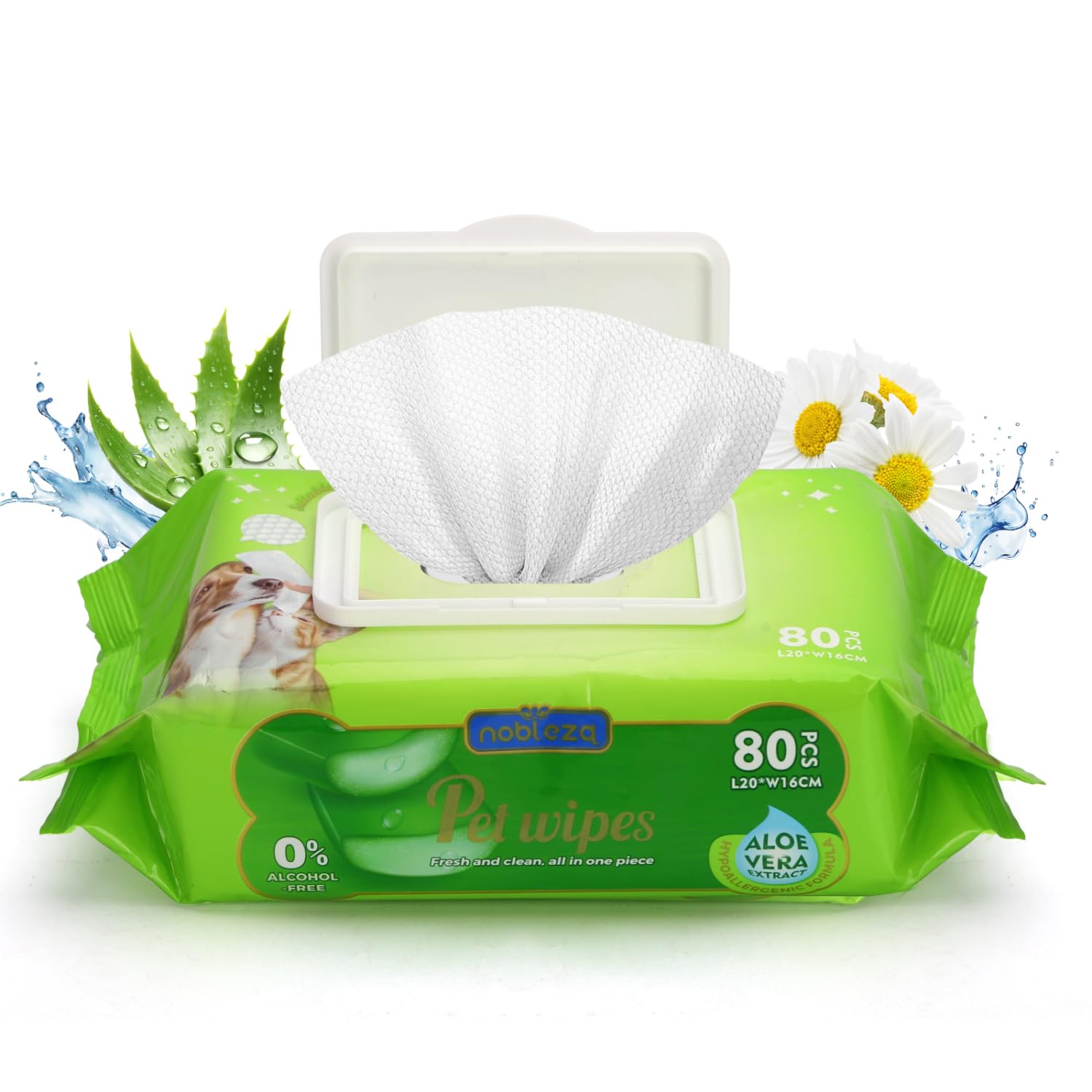 Nobleza Salviette Igienizzanti per Cani e Gatti, Salviette Detergenti Ipoallergeniche per Animali Domestici, Contiene Estratti di Aloe Vera, Pulire Zampe, Corpo e Sedere, 80 Pezzi