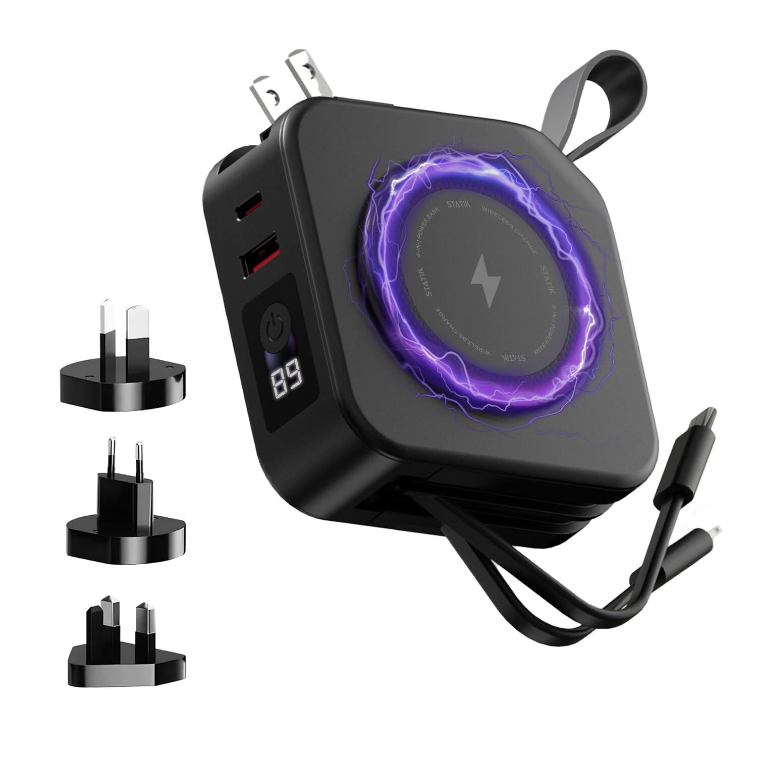 STATIK SmartCharge 5-in-1 Travel Power Bank with Wall Plug & Built in USB C Cables, 10000mAh International Travel Essentials & European Portable Charger, Compatible with iPhone 16/15/14 iPad & Samsung