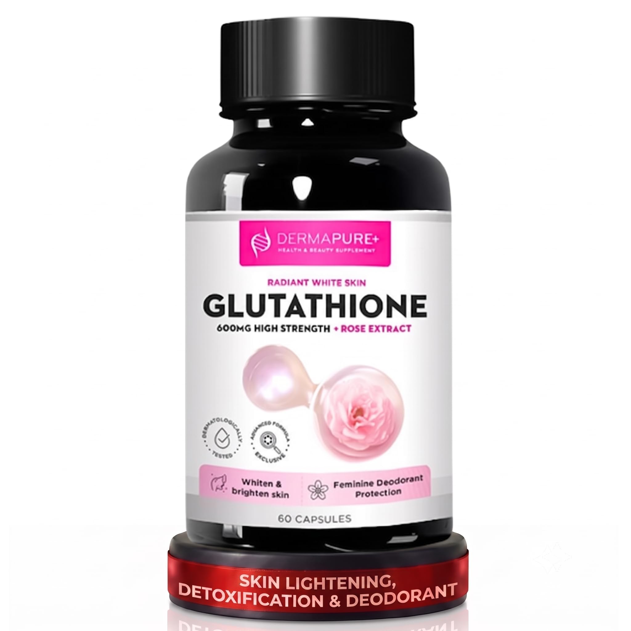 DermaPure+ Glutathione Whitening Pills 2-in-1, 600mg with Rose Oil Extract – Skin Lightening & Deodorant Supplement